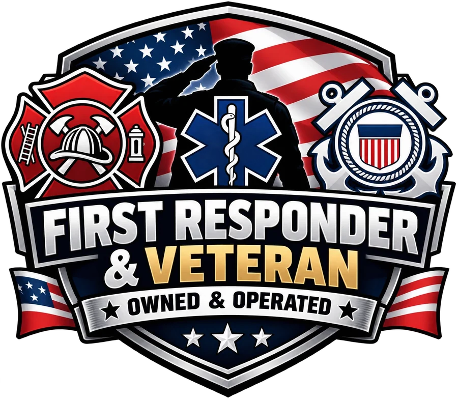 First Responder and Veteran Owned and Operated badge